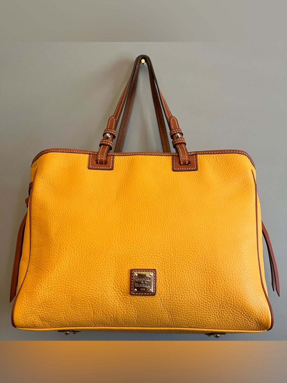 EUC  Dooney & Bourke Dandelion Yellow Leather Shoulder/Handbag Tote-Brown Trim